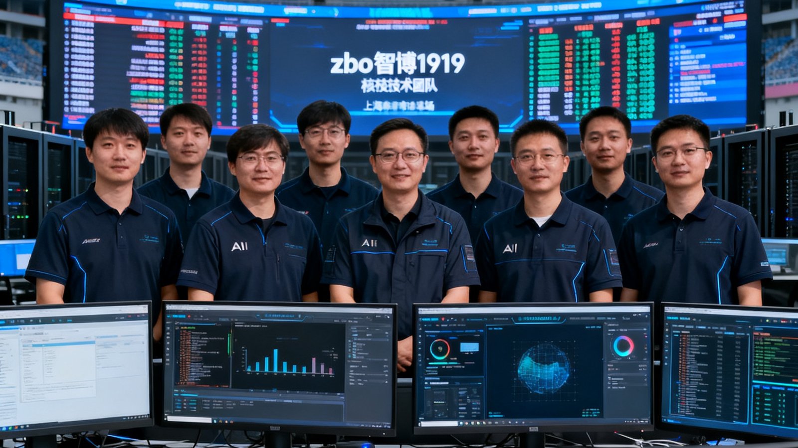 zbo智博1919核心技术团队在上海体育场数据中心的合影，背景是巨大的LED屏幕显示实时比赛数据，团队成员穿着深色科技风制服，面前的工作台上摆放着多台显示AI模型训练界面的显示器