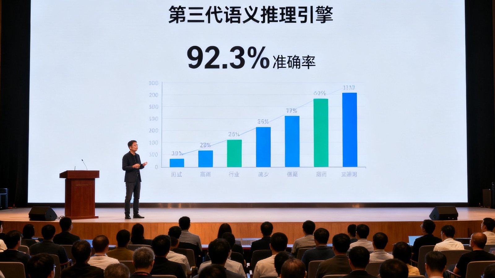 第三代语义推理引擎发布会的现场照片，演讲台上展示着巨大的投影屏幕，上面显示着92.3%准确率的测试数据图表，台下坐满行业嘉宾