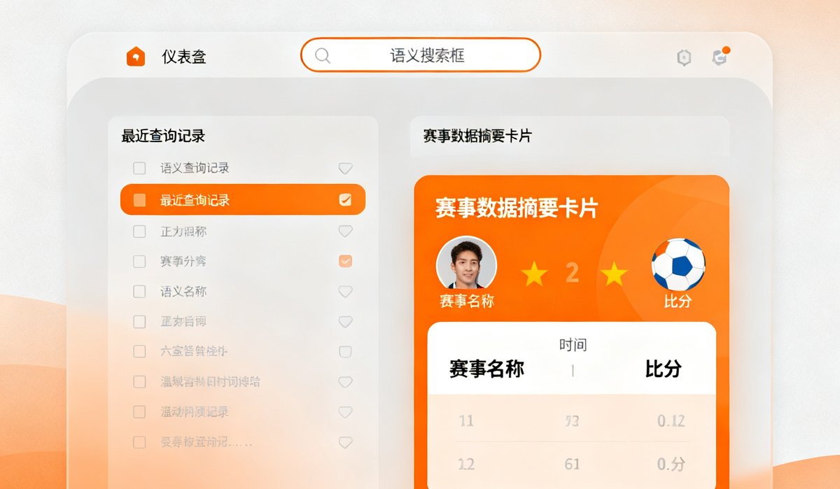 zbo智博1919免费试用版数据面板预览图，展示简洁的仪表盘界面，包含语义搜索框、最近查询记录和赛事数据摘要卡片，配色温暖科技风