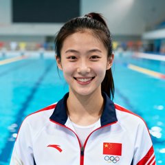 一位中国女子游泳运动员的肖像照，年轻女性，束着马尾，穿着国家队训练服，背景是室内游泳馆的蔚蓝水面，面带微笑